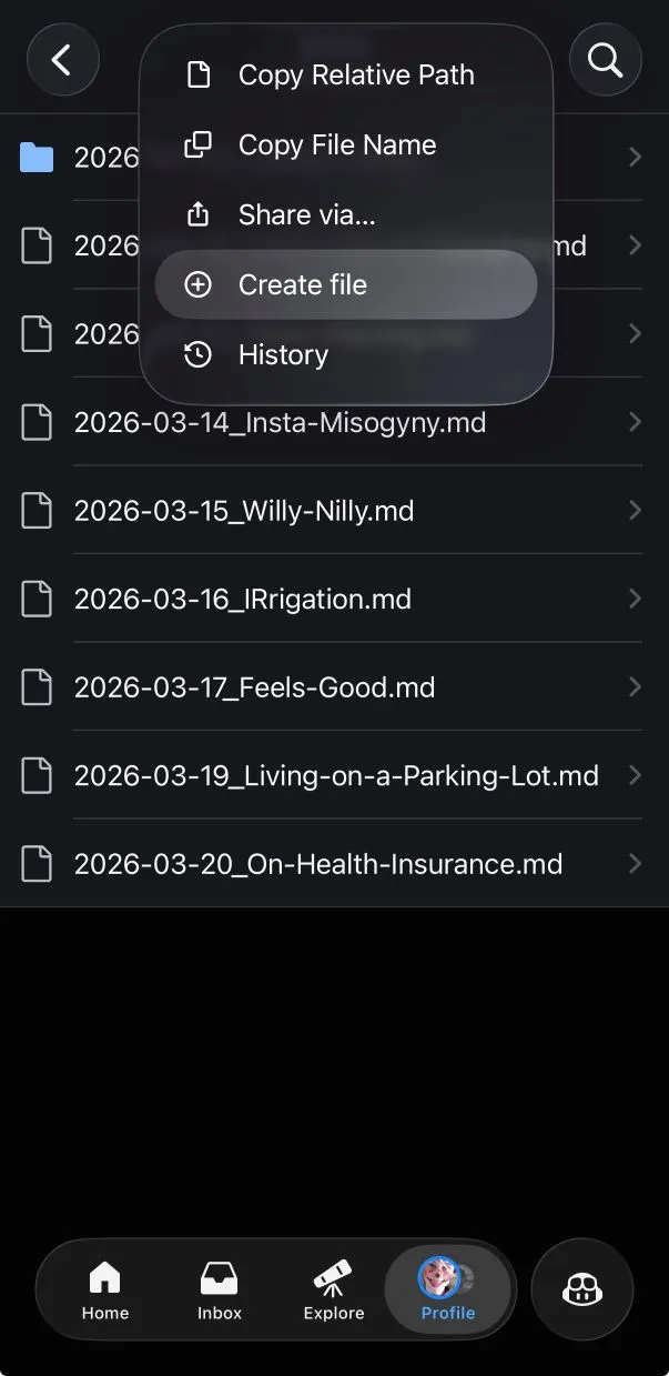 Github app on iOS showing a "create file" option